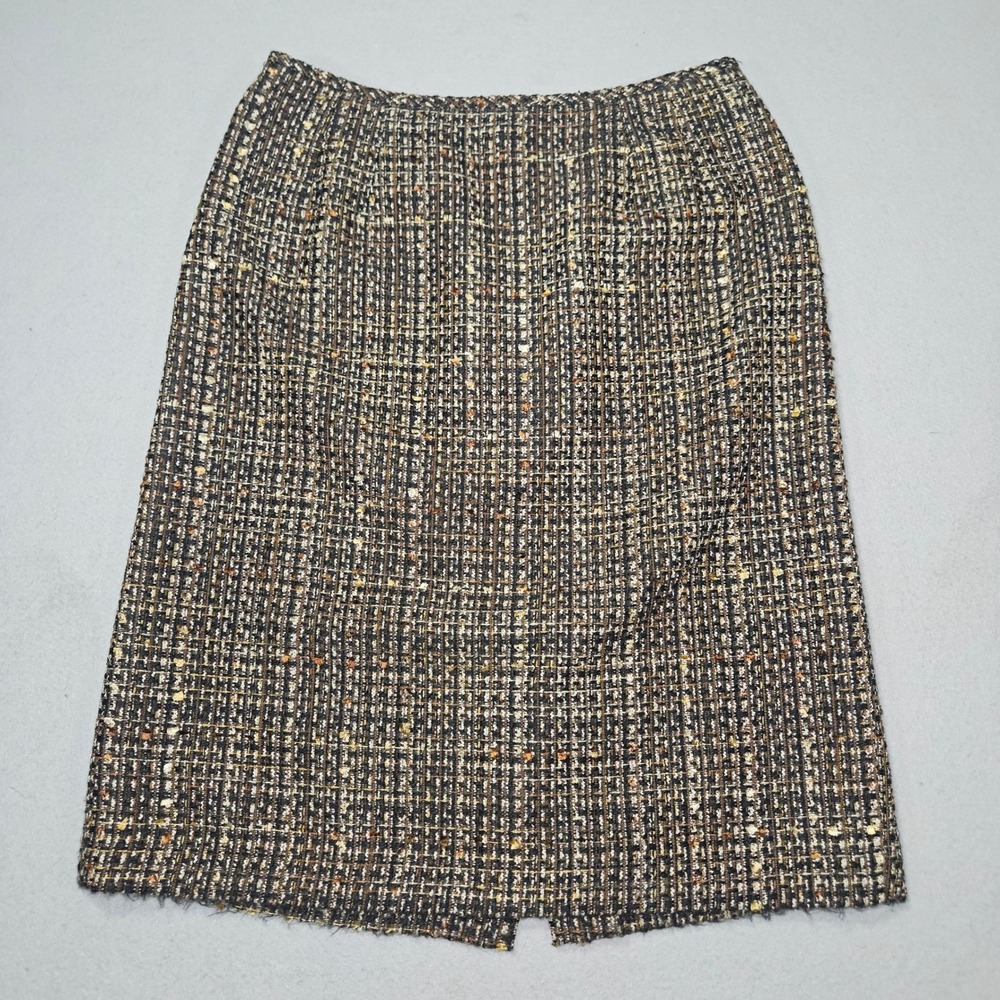 Le Suit VTG Style Tweed Blazer Skirt Set Brown Gold Plaid Sz 10 - Picture 10 of 14